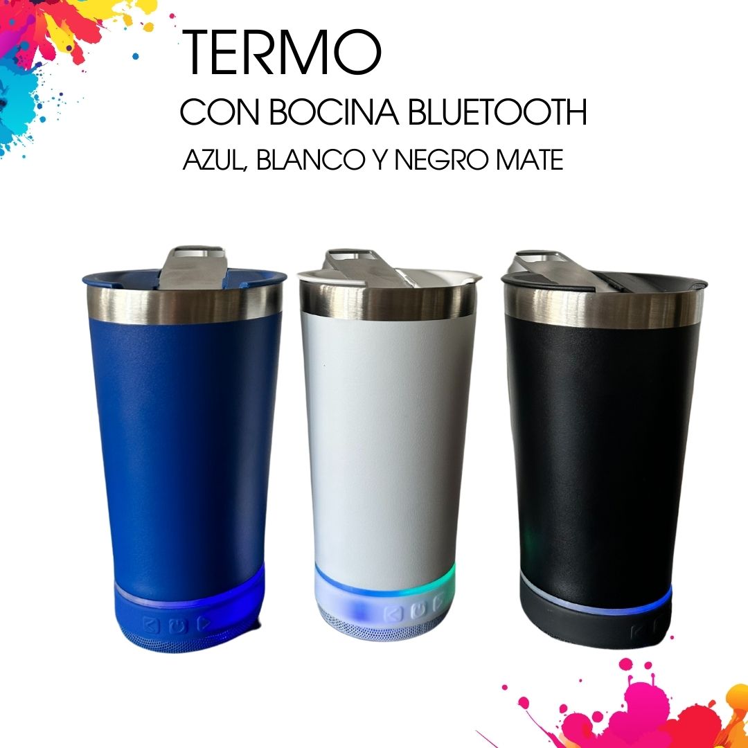 Termo con bocina bluetooth color azul mate